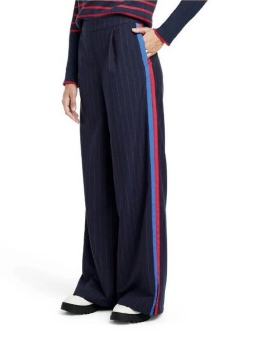 La Ligne x Target Wide-Leg Navy Pinstripe Pants with Red & Blue Side Stripe